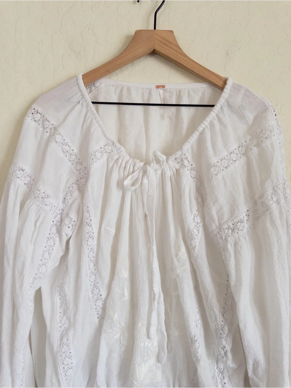Free People Maria Maria Embroidered Lace Long Sleeve Blouse Large White Boho